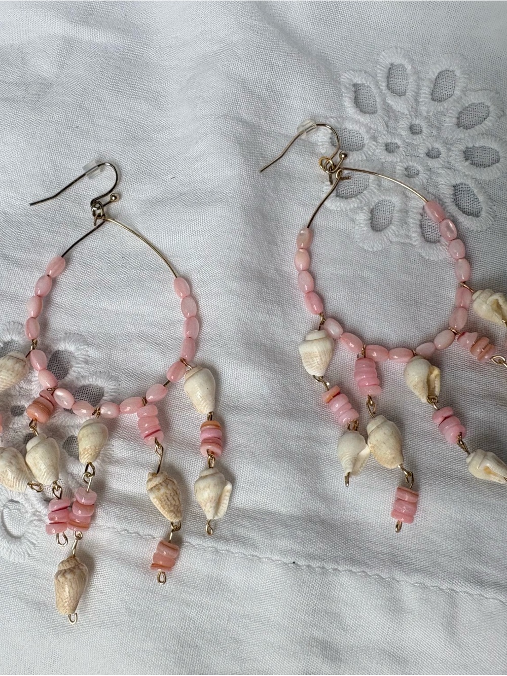 Handmade Pink Beaded Shell Hoop Earrings